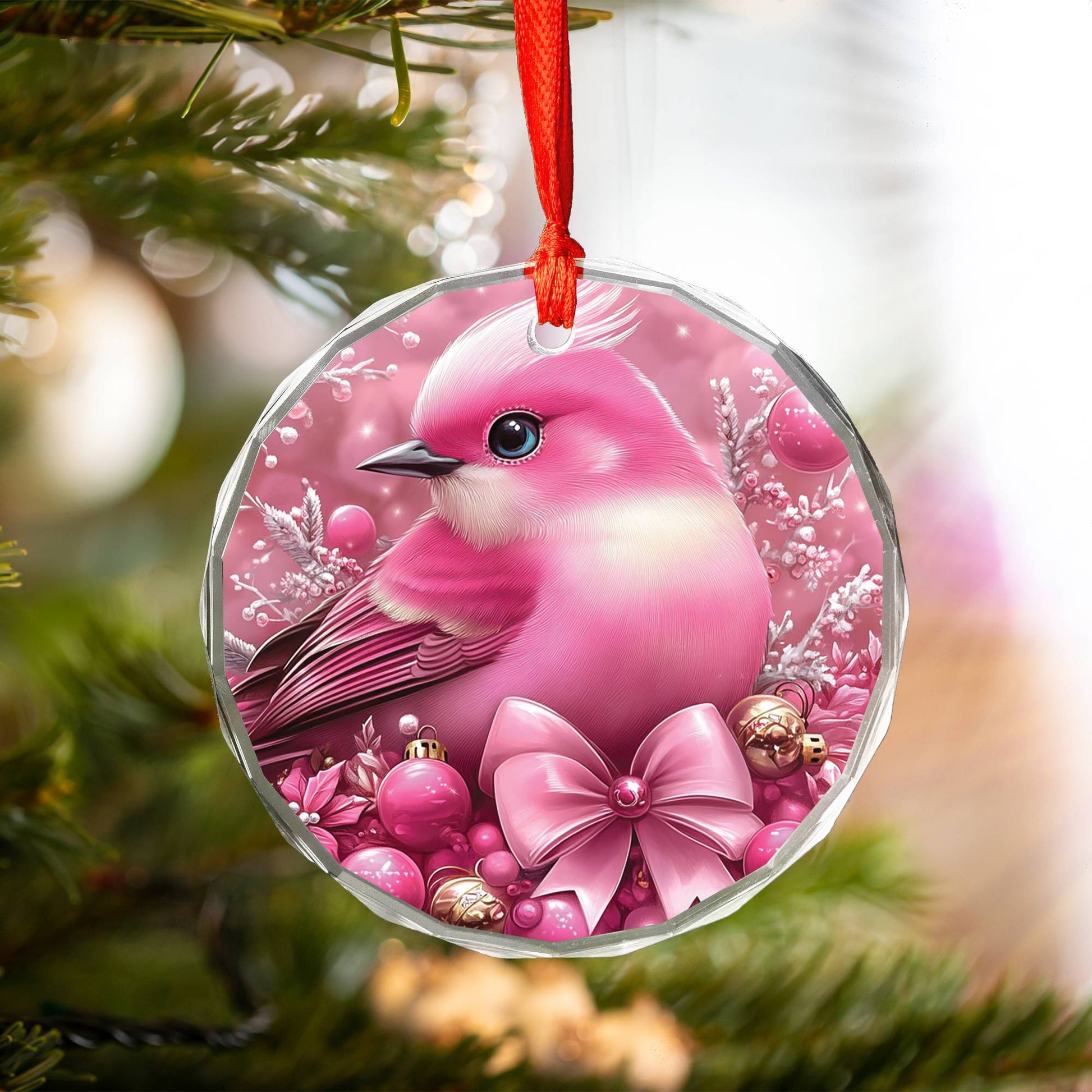 Songbird Pink Christmas Design 2 Glass Ornament