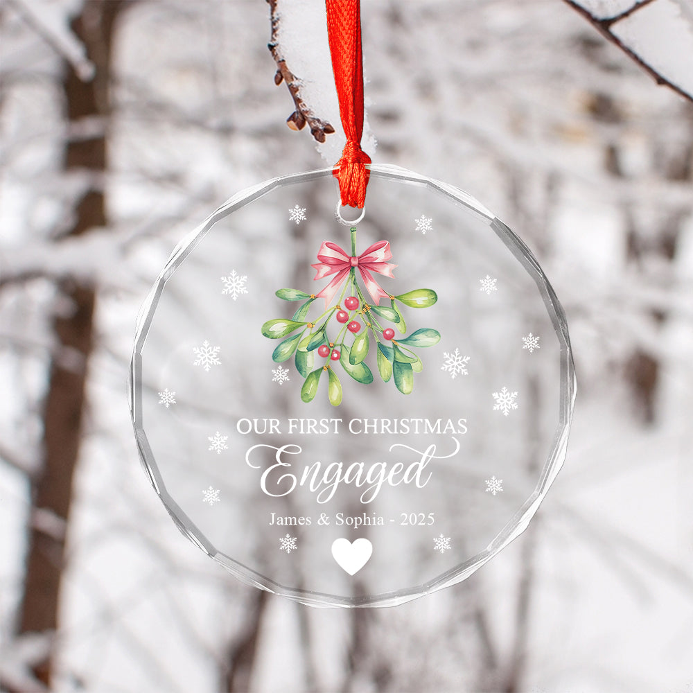 Mistletoe Our First Christmas Engaged - Personalized Circle Glass Ornament2
