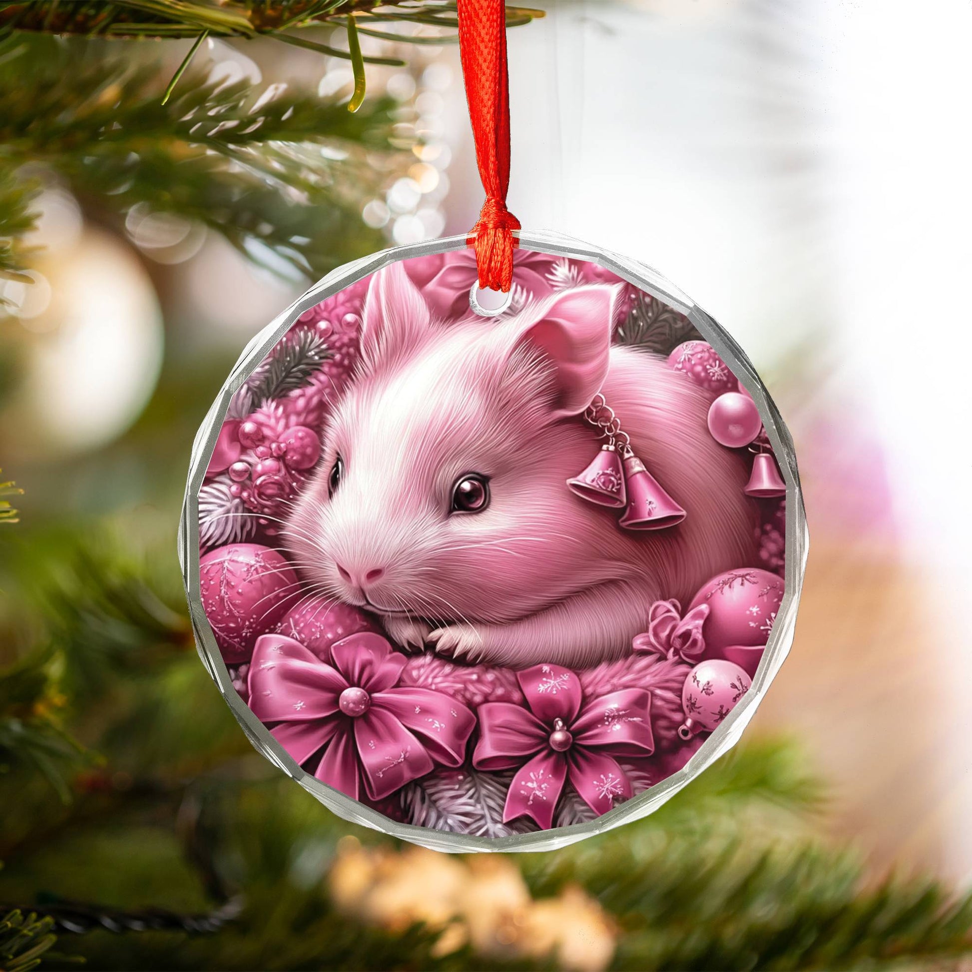 Guinea Pig Pink Christmas Design 4 Glass Ornament