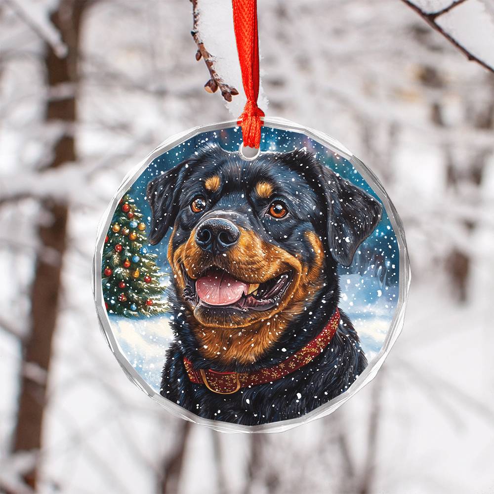 Beautiful Angus Rottweiler Dog Christmas Night Design 4 Glass Ornament
