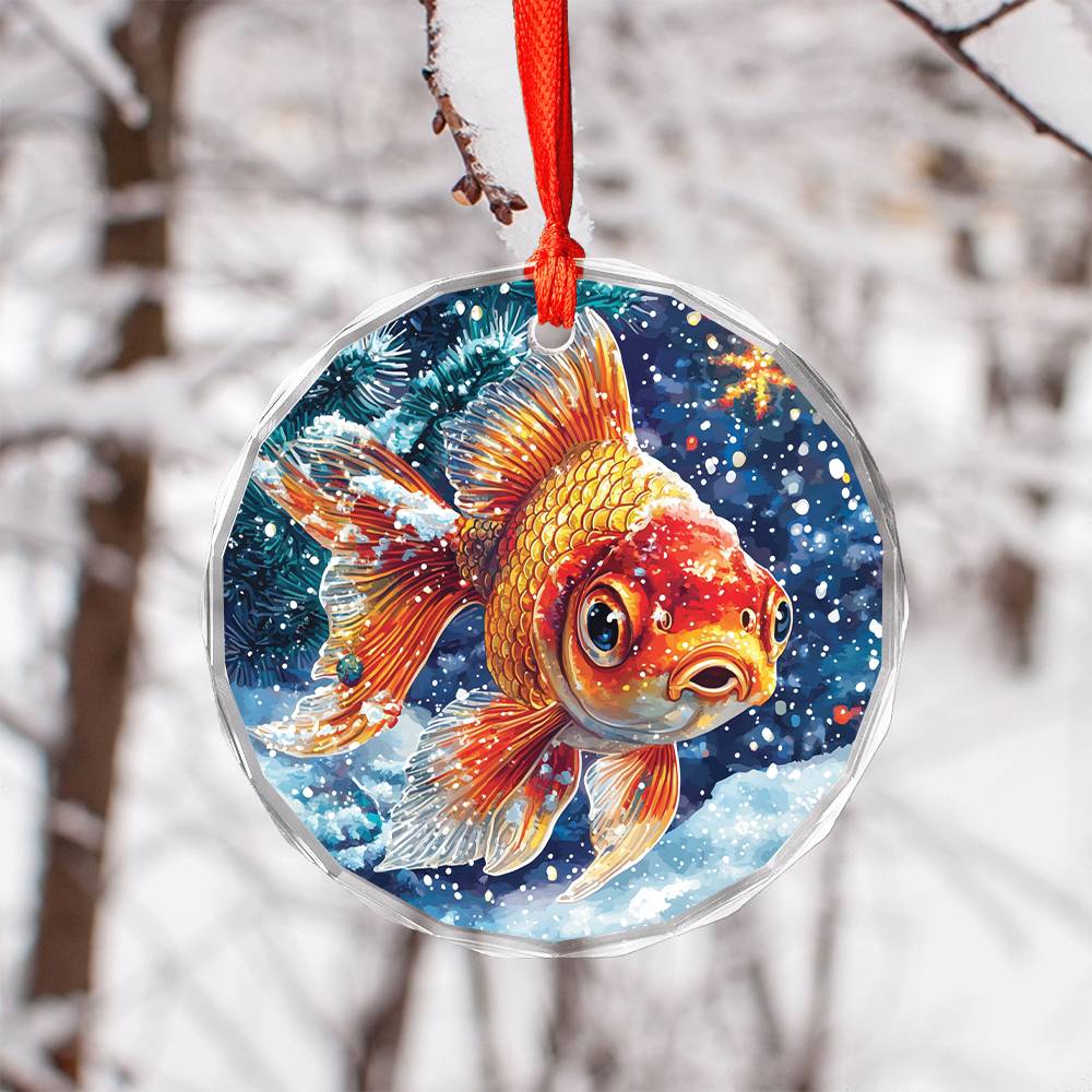 Beautiful Angus Goldfish Christmas Night Design 3 Glass Ornament