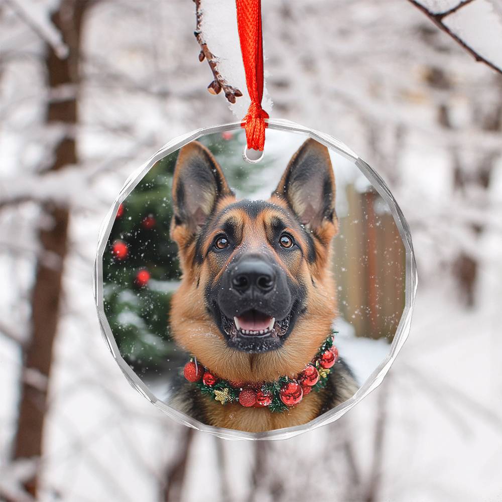 Beautiful German Shepherd Dog Christmas Night Design 1 Glass Ornament