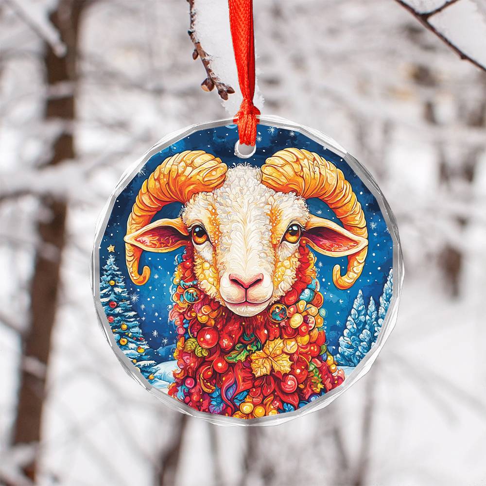 Beautiful Sheep Christmas Night Design 1 Glass Ornament