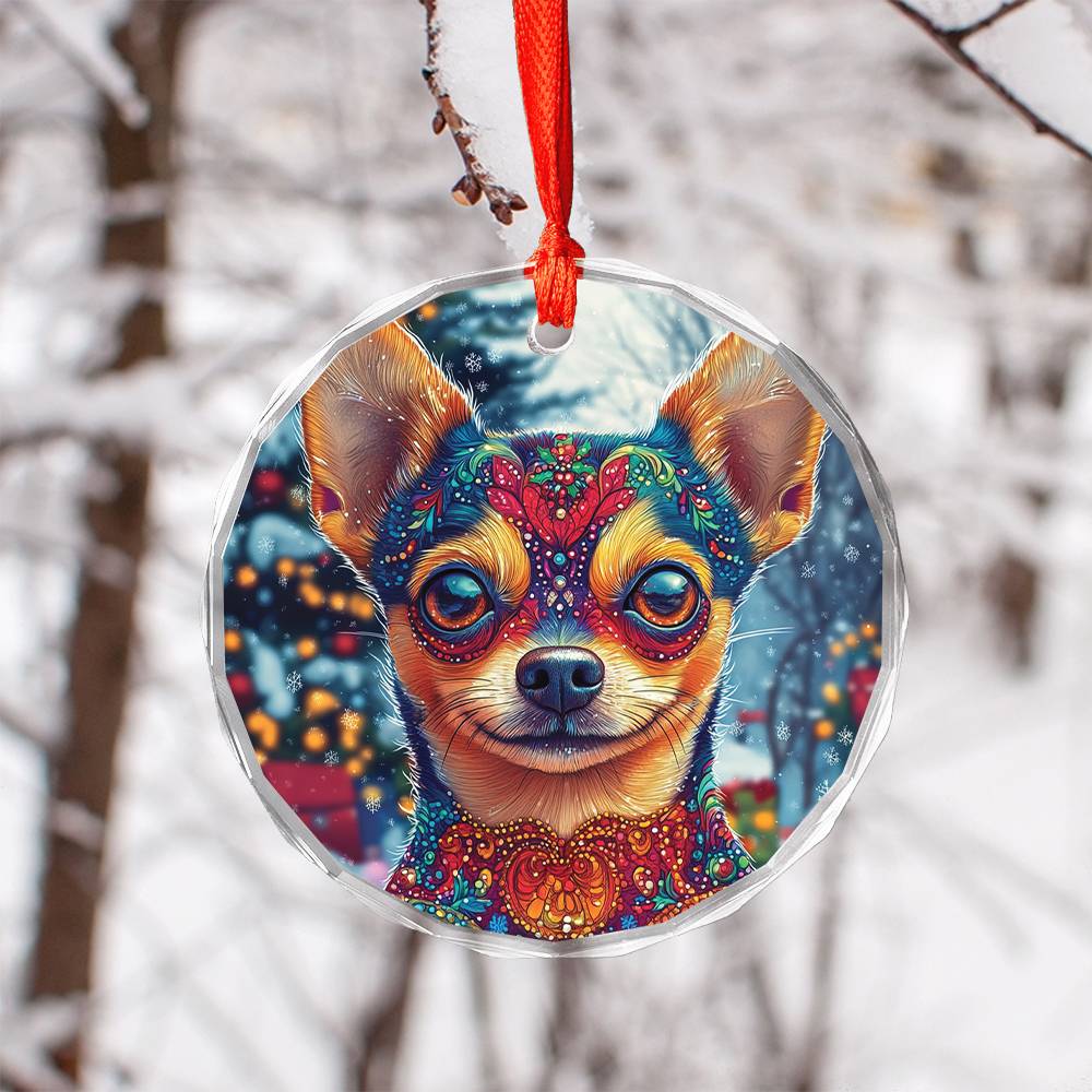 Beautiful Chihuahua Dog Christmas Night Design 4 Glass Ornament