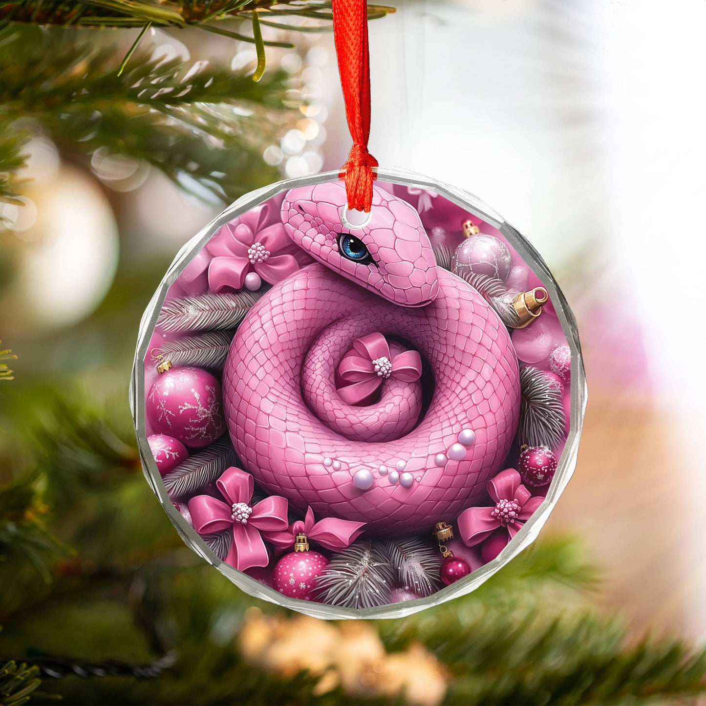 Snake Pink Christmas Design 3 Glass Ornament