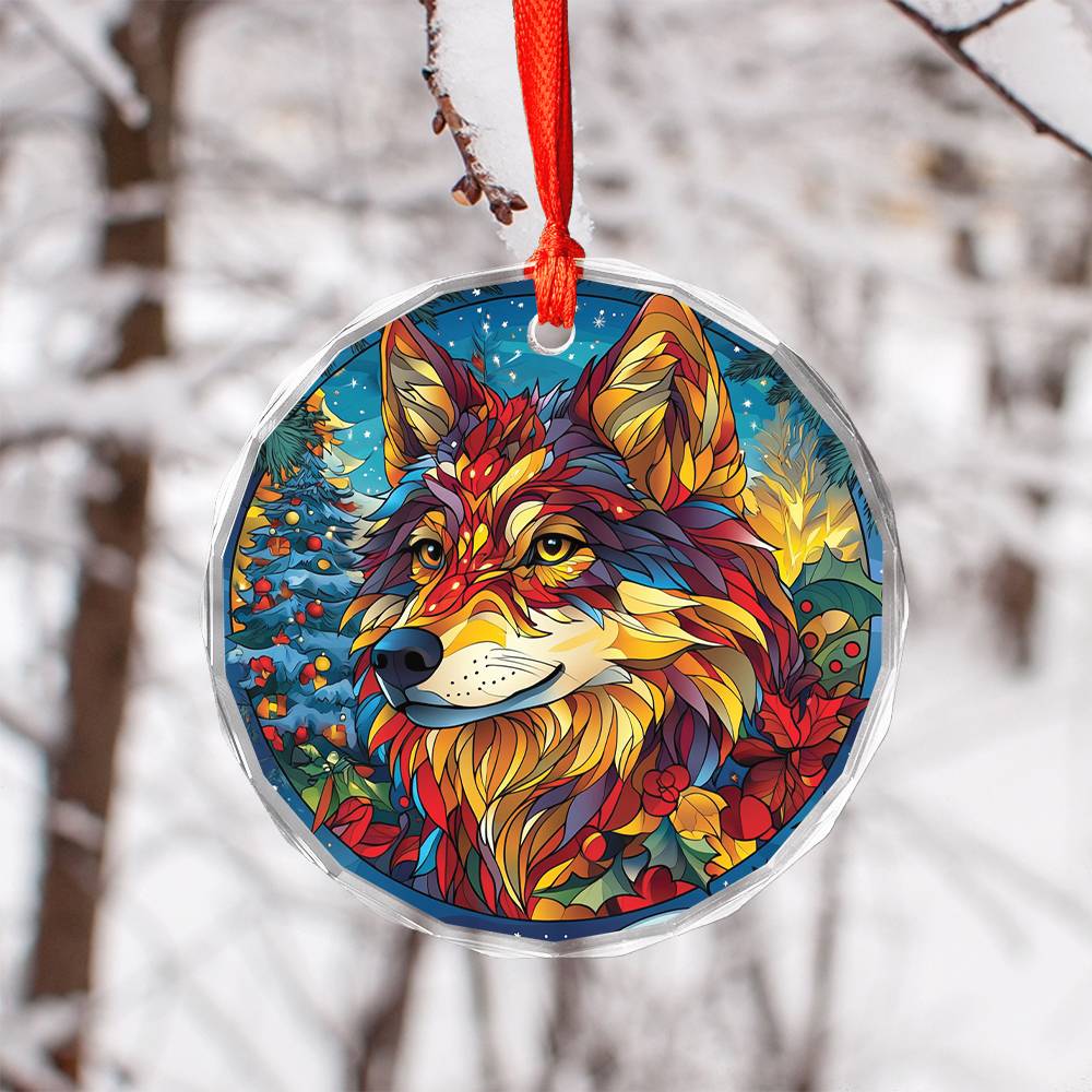 Beautiful Angus Wolf Christmas Night Design 3 Glass Ornament