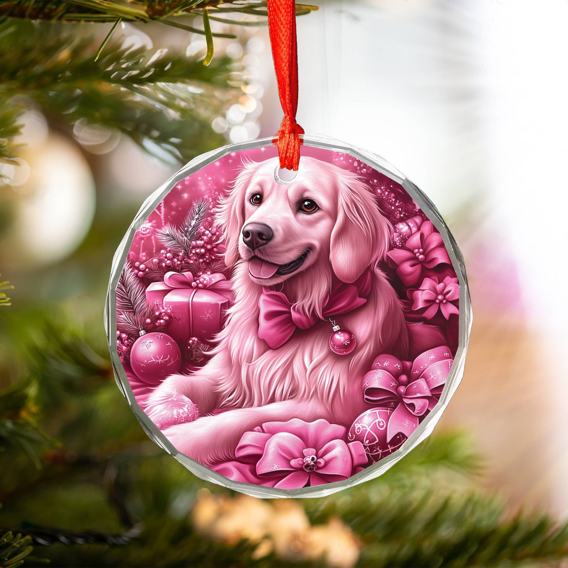Golden Retriever Dog Pink Christmas Design 4 Glass Ornament