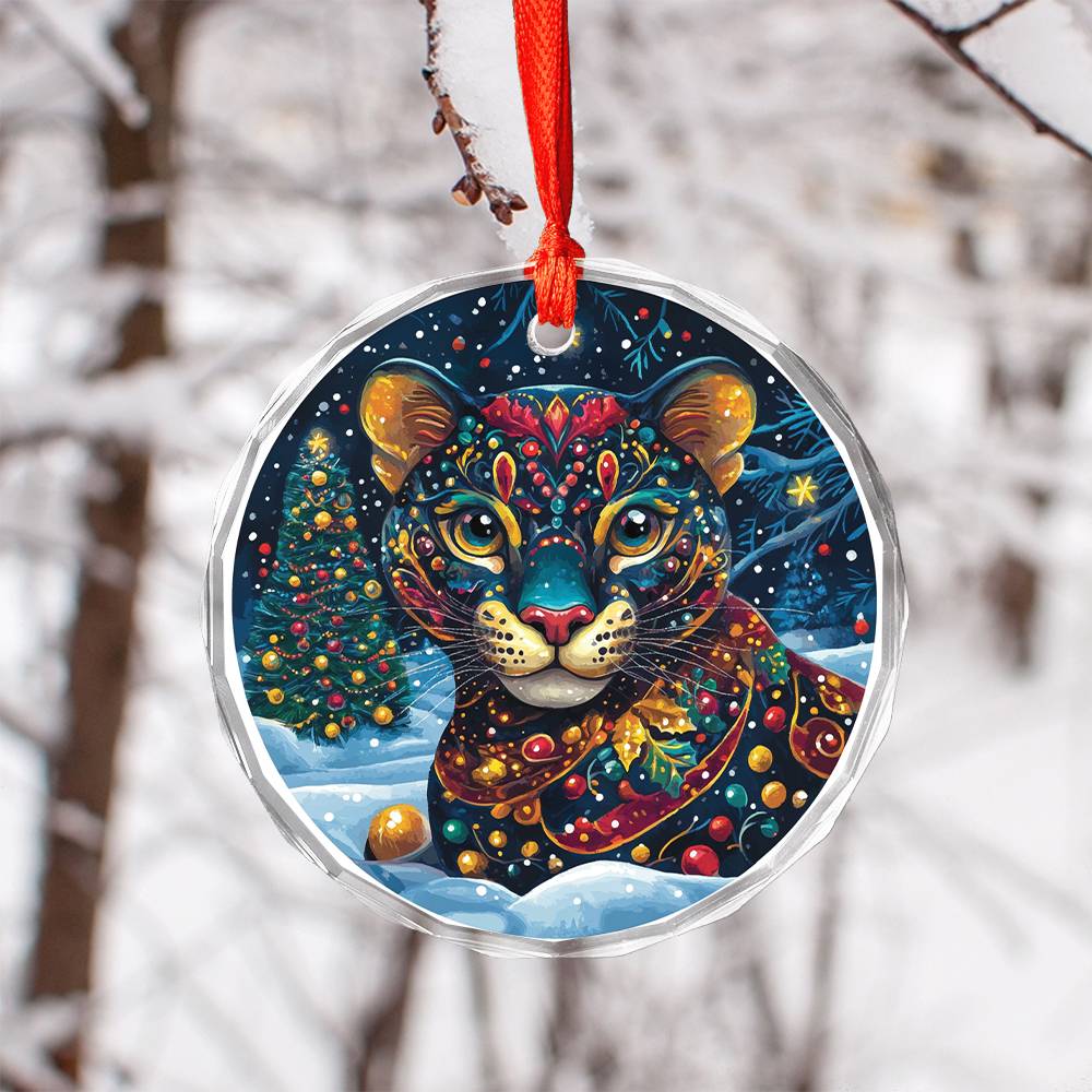 Beautiful Panther Christmas Night Design 4 Glass Ornament