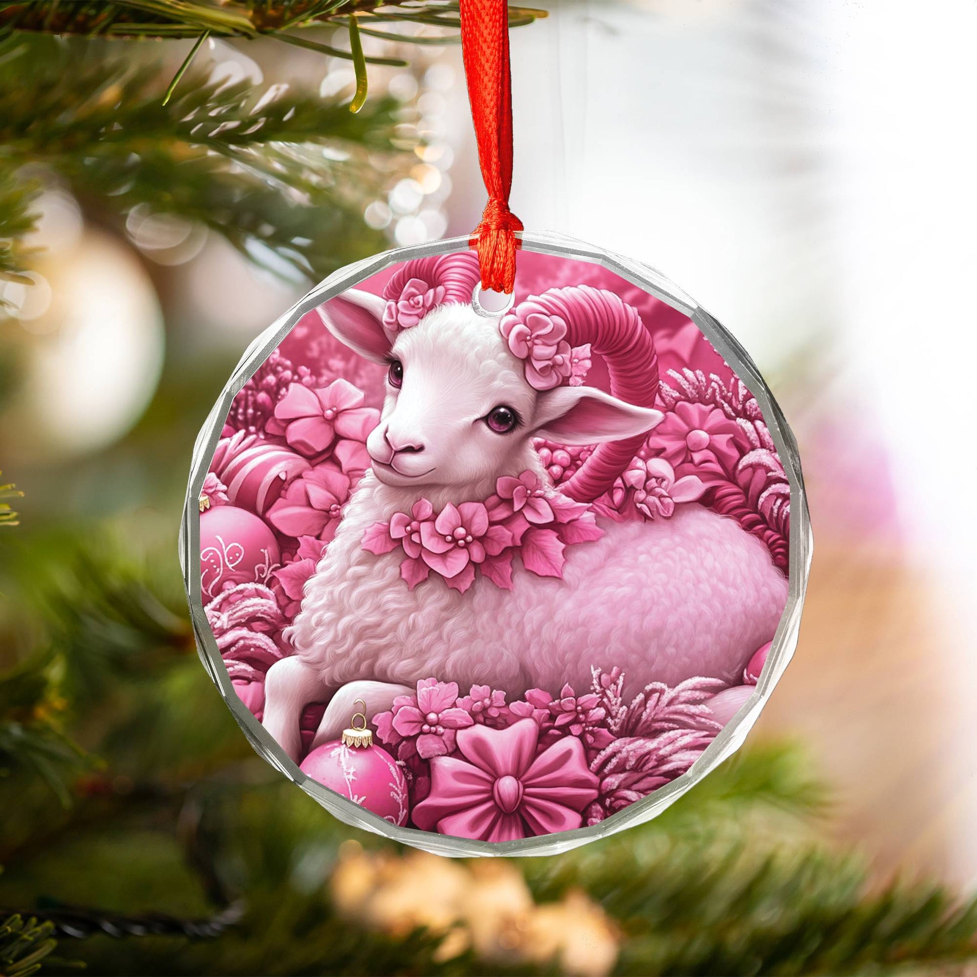 Sheep Pink Christmas Design 3 Glass Ornament