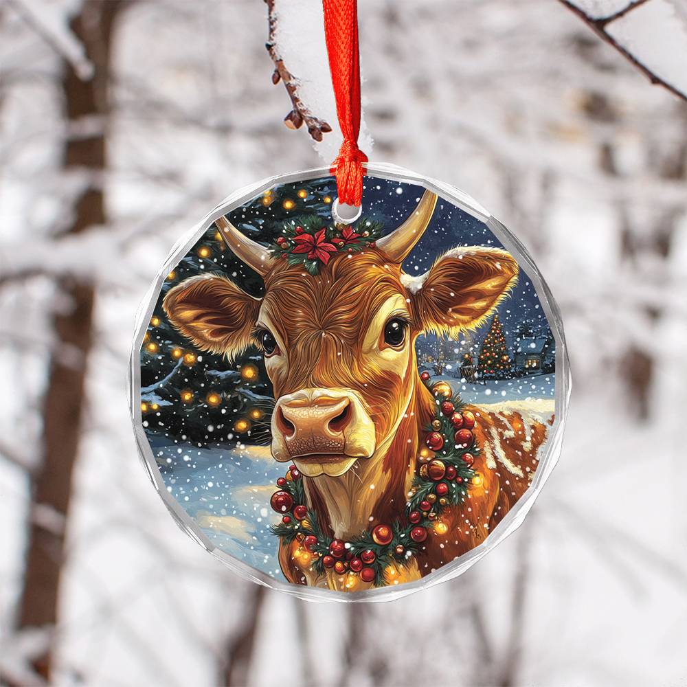 Beautiful Jersey Cow Christmas Night Design 4 Glass Ornament