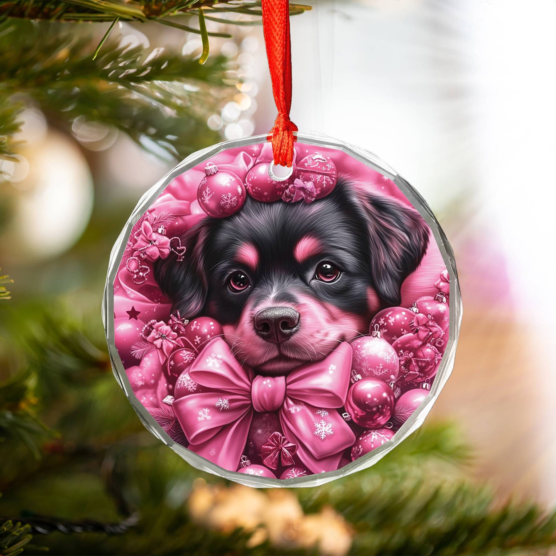 Christmas Rottweiler Dog Pink Christmas Design 1 Glass Ornament