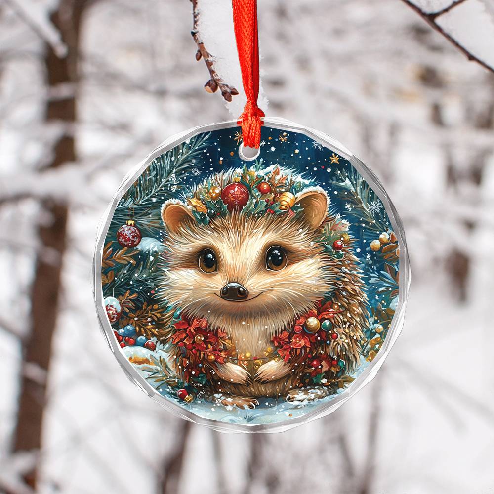Beautiful Angus Hedgehog Christmas Night Design 4 Glass Ornament