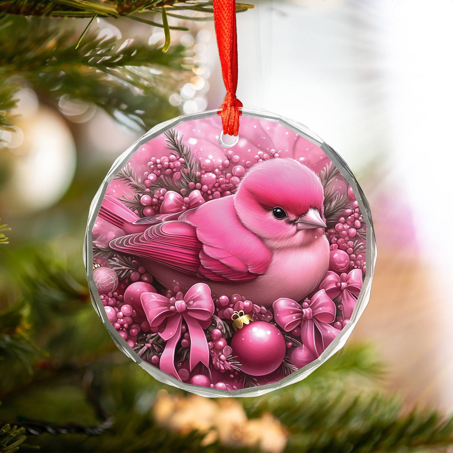 Finch Pink Christmas Design 1 Glass Ornament