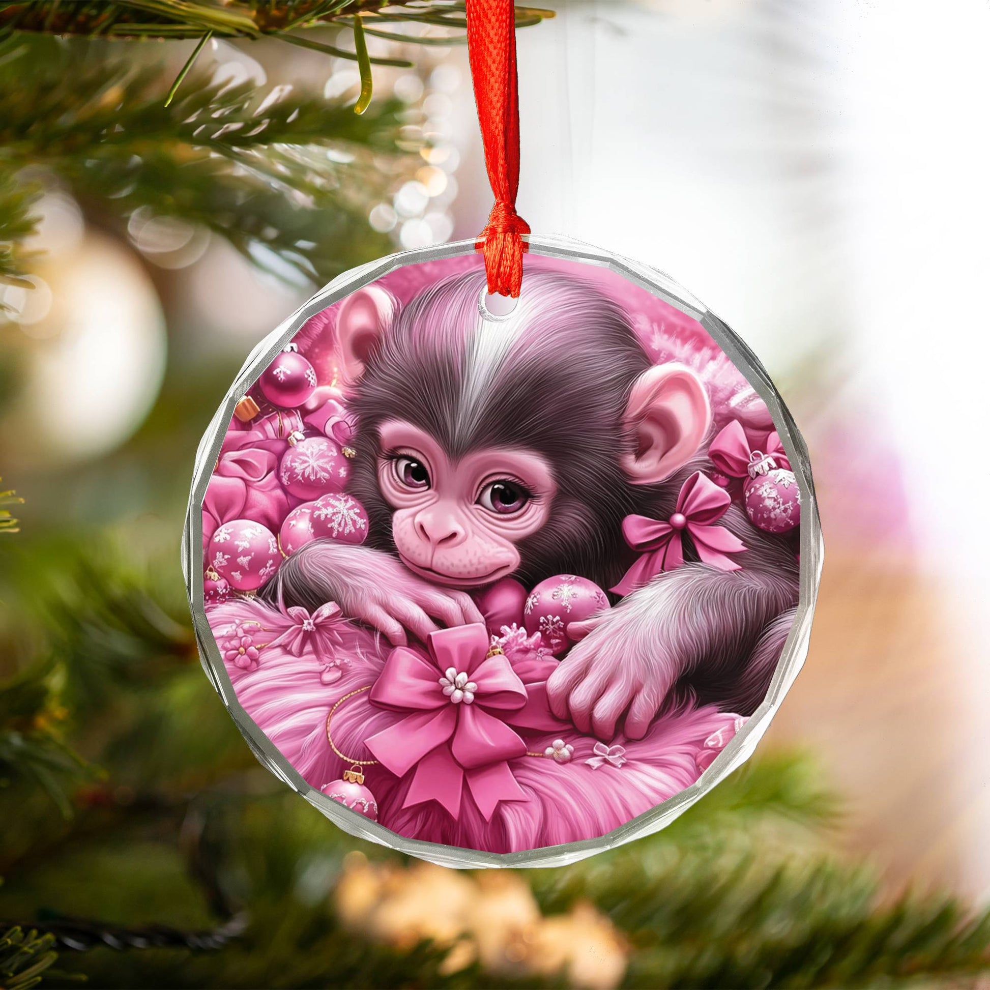 Monkey Pink Christmas Design 1 Glass Ornament