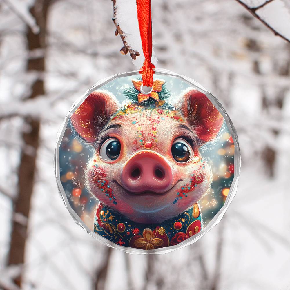 Beautiful Pig Christmas Night Design 1 Glass Ornament
