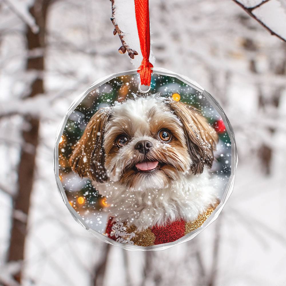 Beautiful Angus Shih Tzu Dog Christmas Night Design 2 Glass Ornament