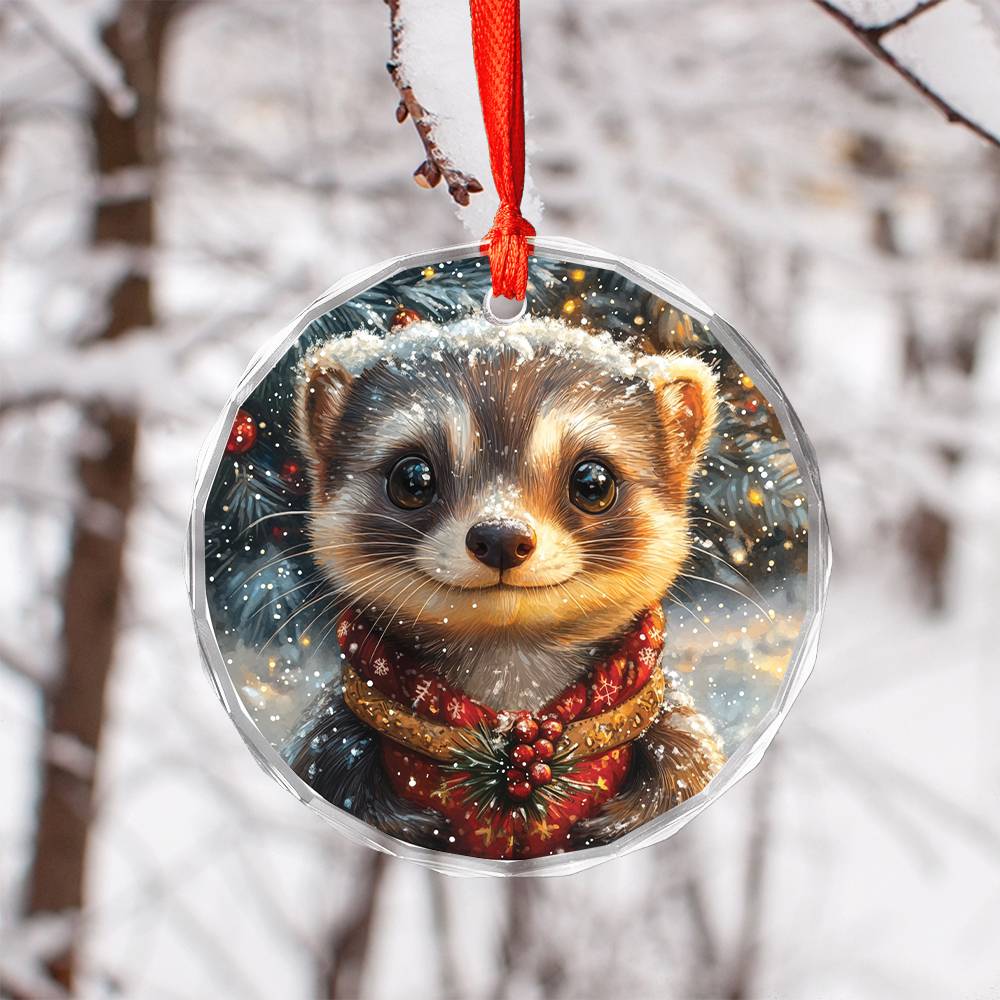 Beautiful Ferret Christmas Night Design 2 Glass Ornament