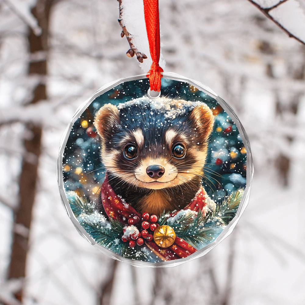 Beautiful Ferret Christmas Night Design 4 Glass Ornament