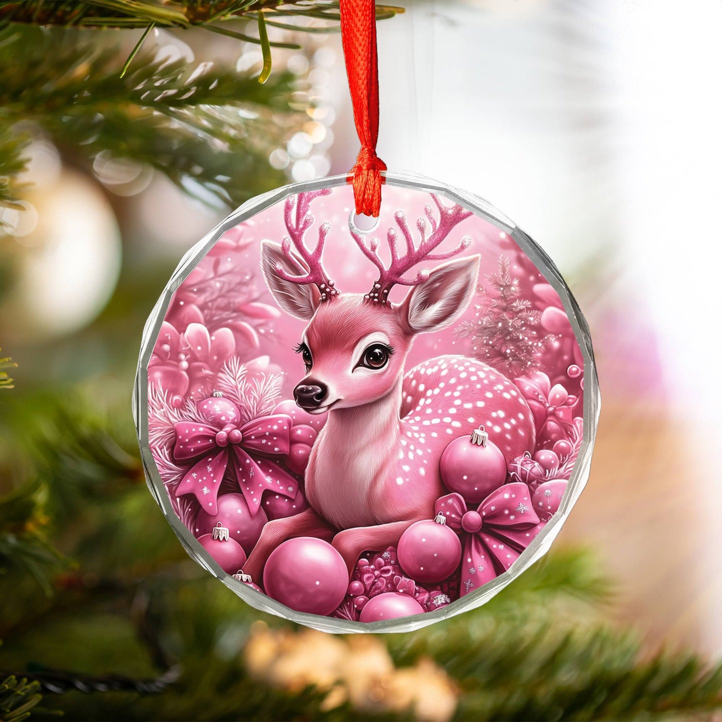 Deer Pink Christmas Design 3 Glass Ornament