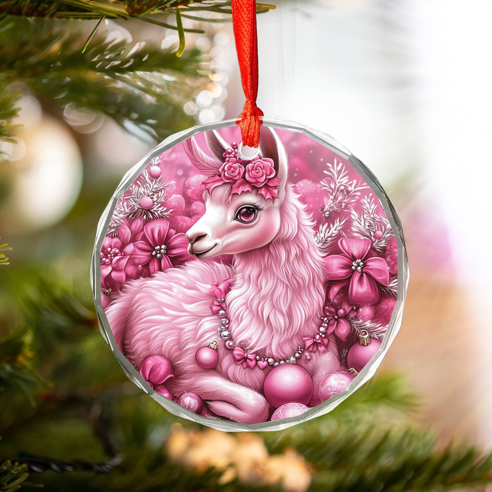 Llama Pink Christmas Design 3 Glass Ornament
