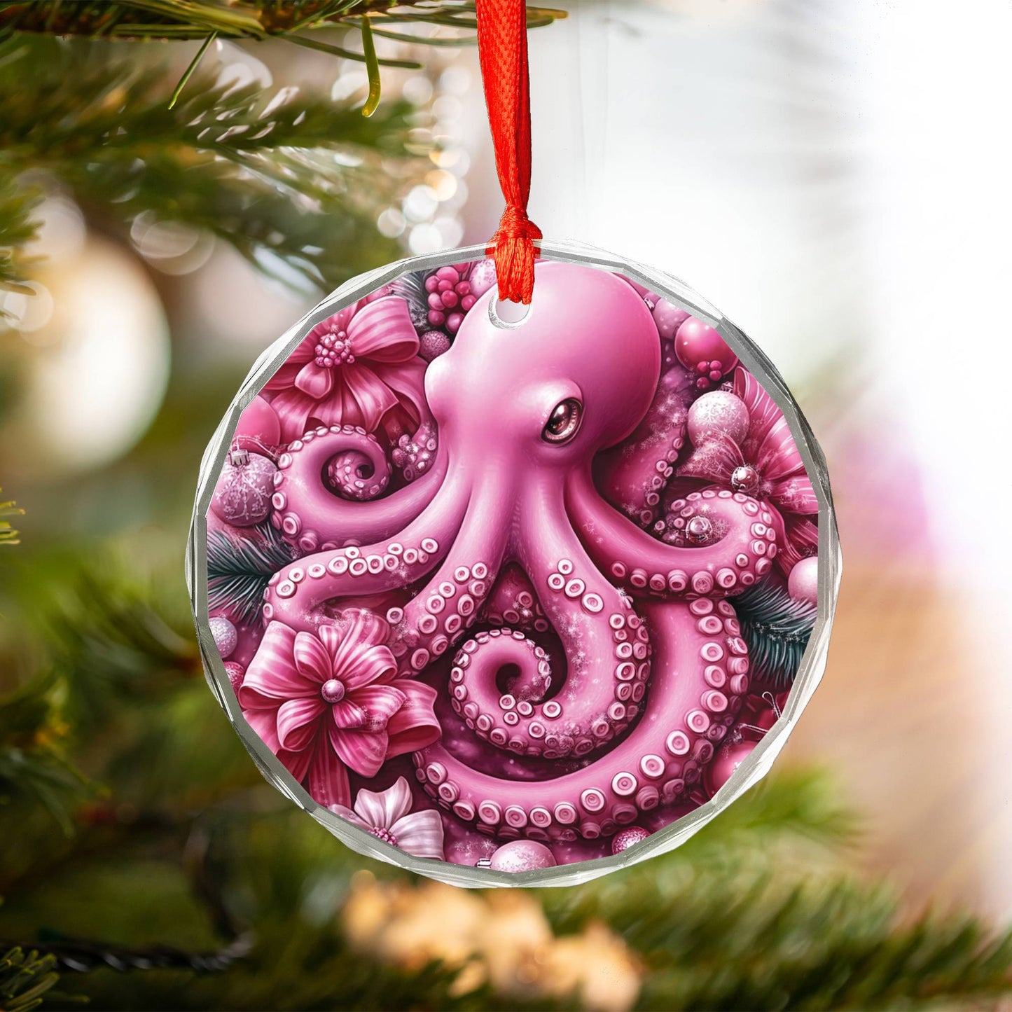 Octopus Pink Christmas Design 1 Glass Ornament