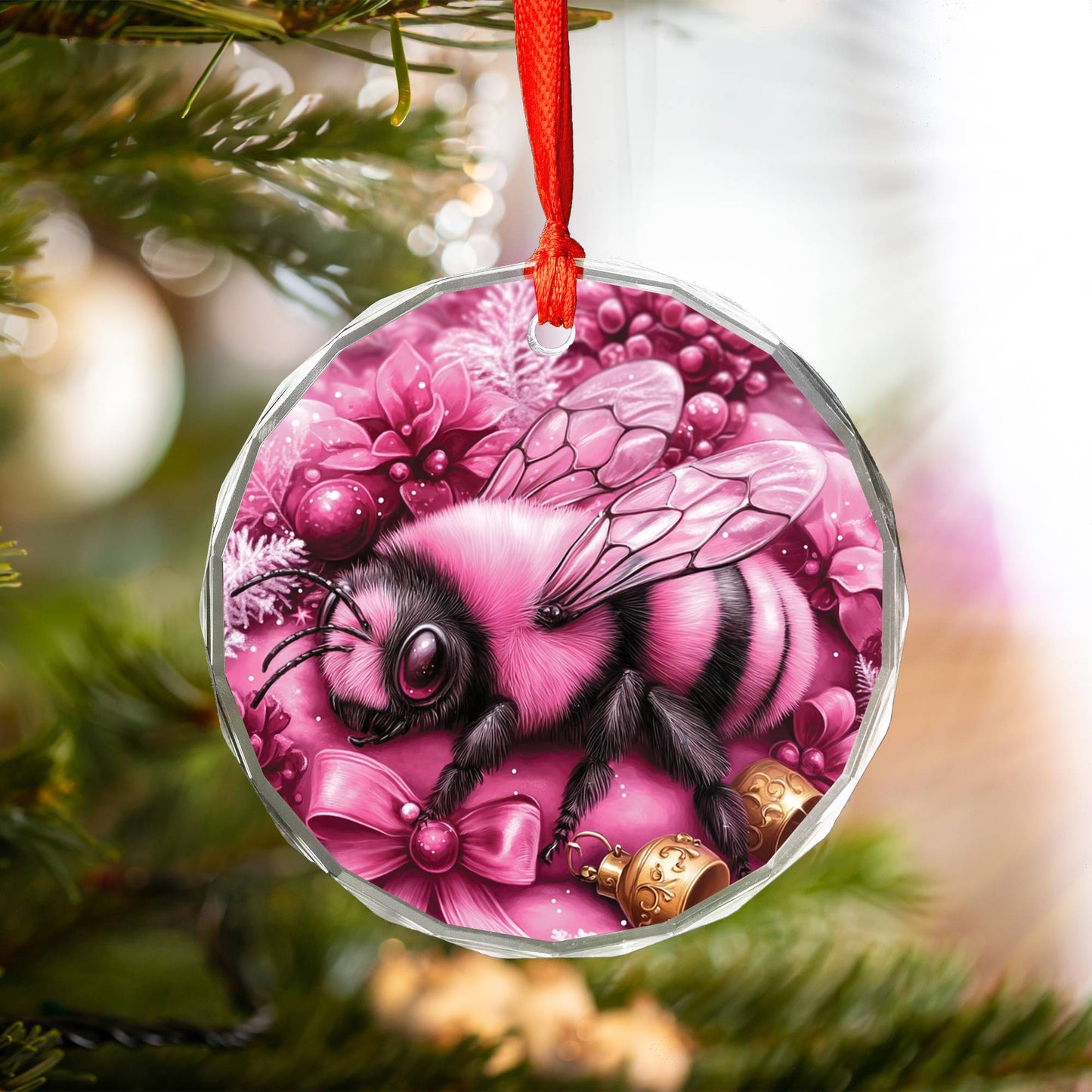 Bee Pink Christmas Design 1 Glass Ornament