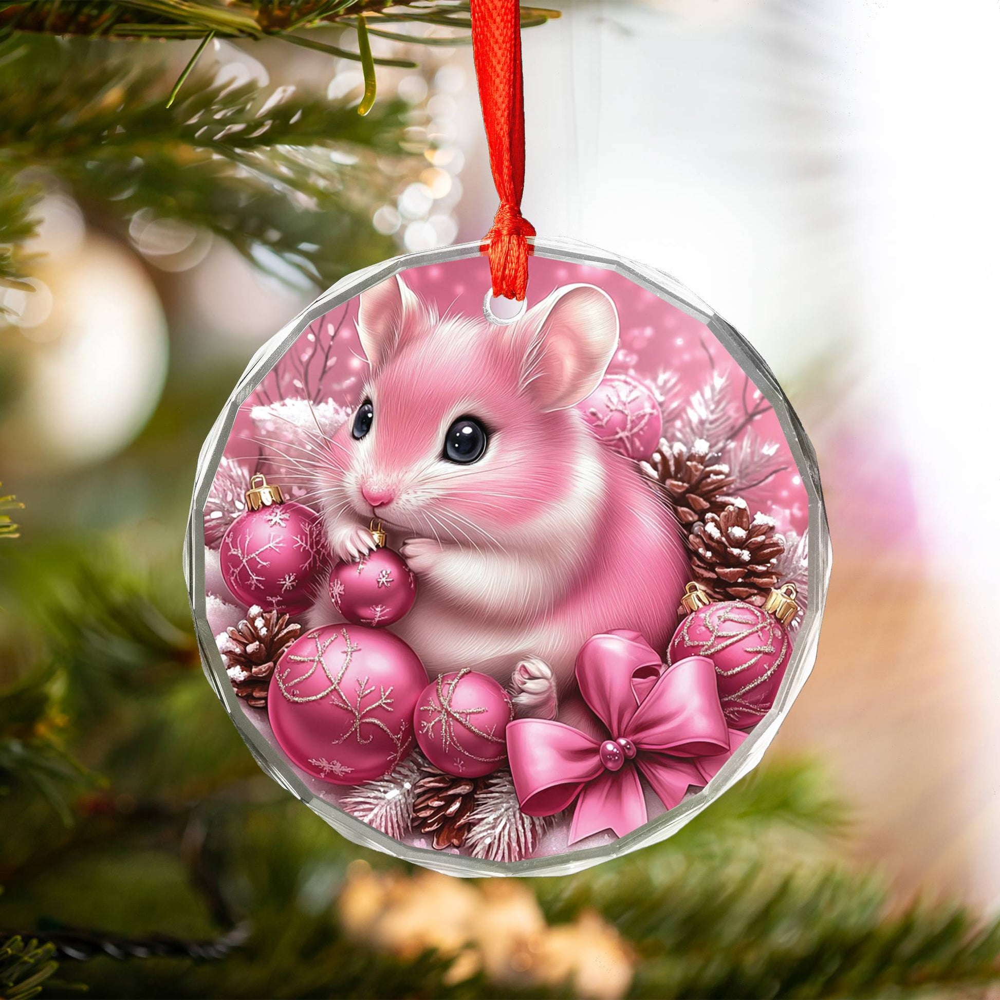 Hamster Pink Christmas Design 1 Glass Ornament