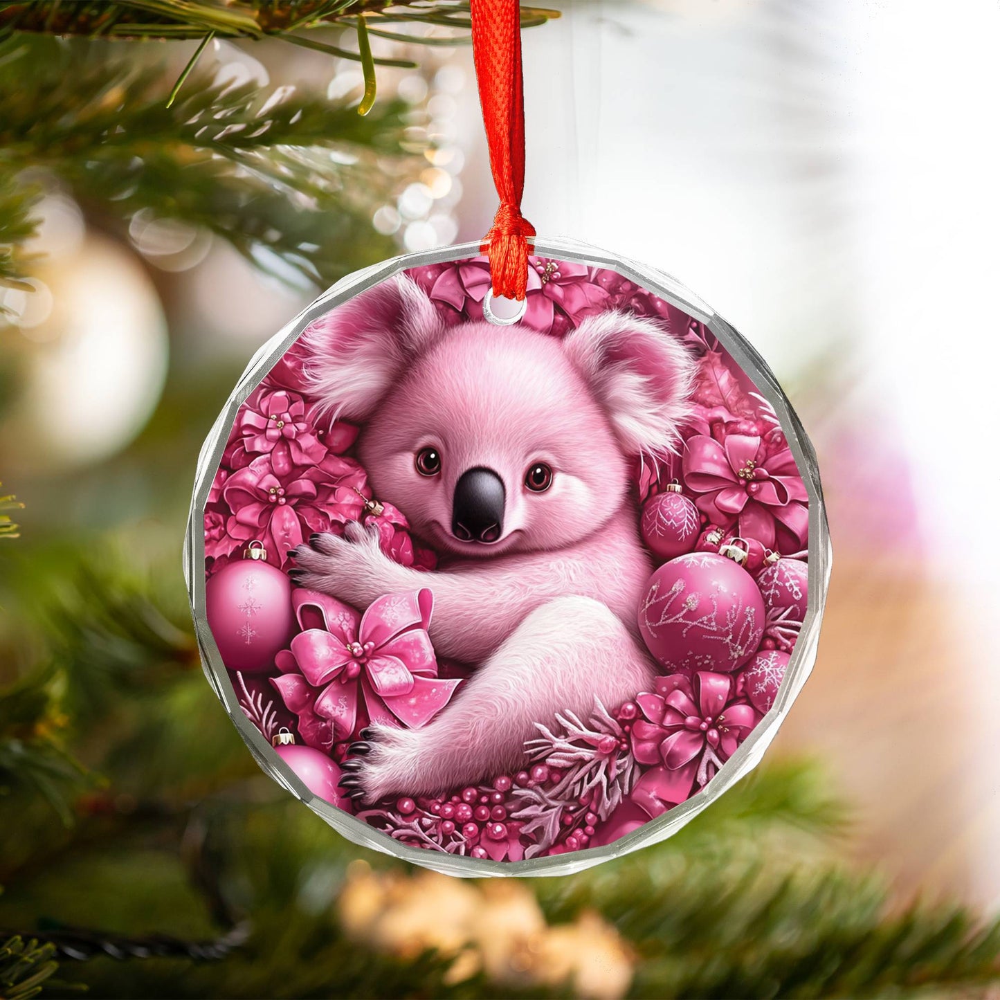 Koala Pink Christmas Design 2 Glass Ornament