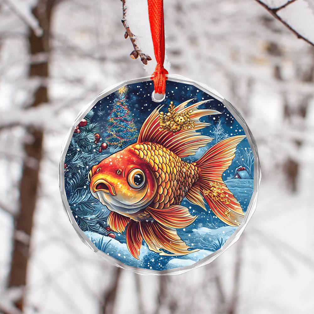 Beautiful Angus Goldfish Christmas Night Design 1 Glass Ornament