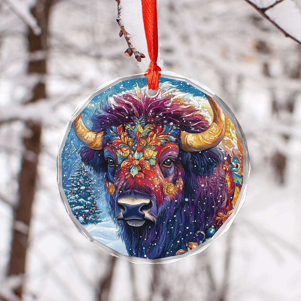 Beautiful Bison Christmas Night Design 4 Glass Ornament