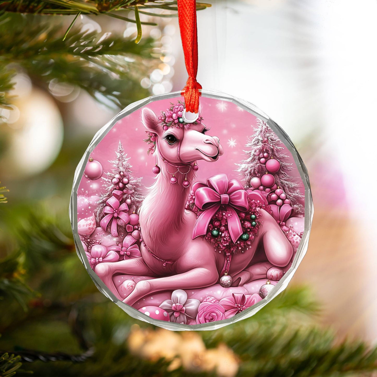 Camel Pink Christmas Design 3 Glass Ornament