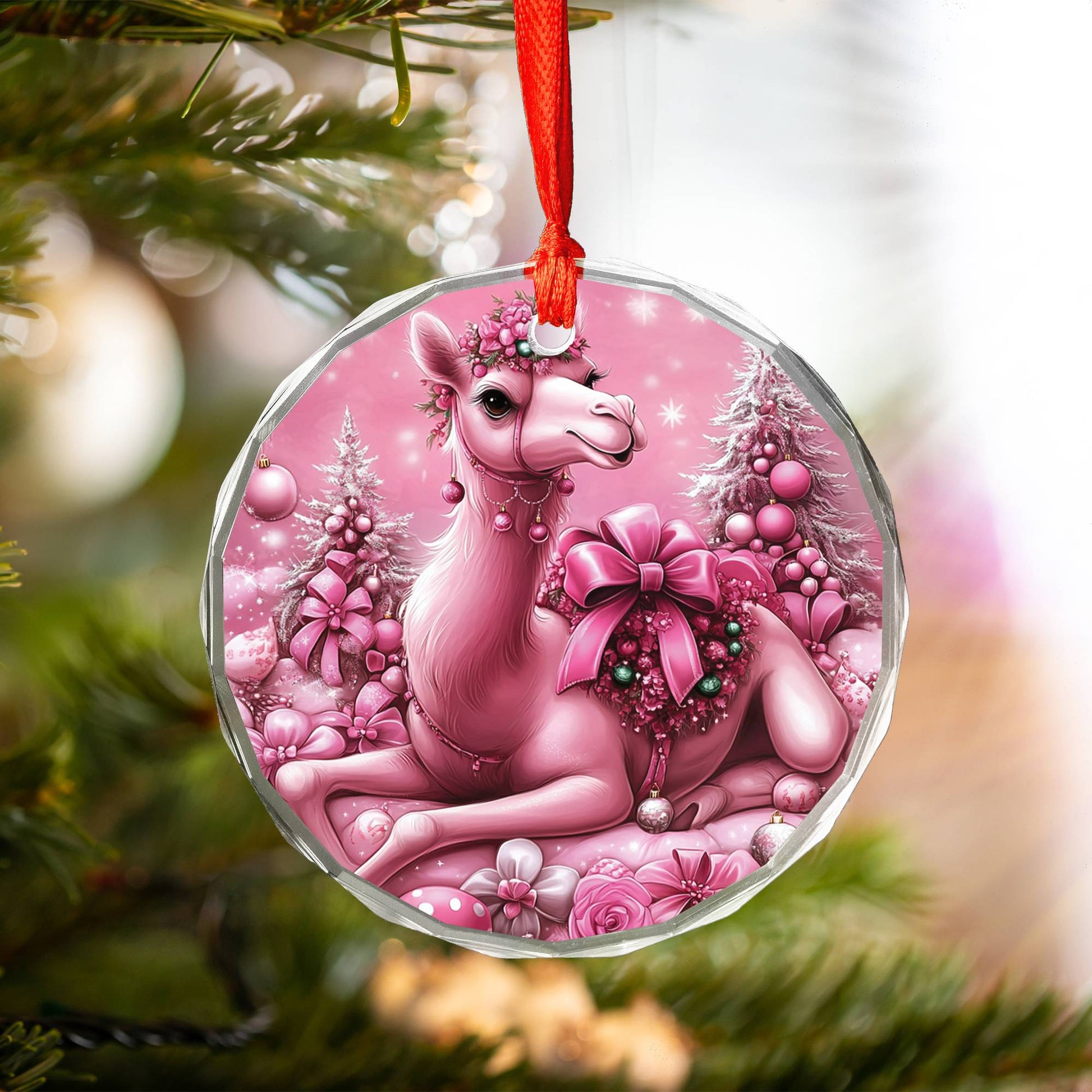 Camel Pink Christmas Design 3 Glass Ornament
