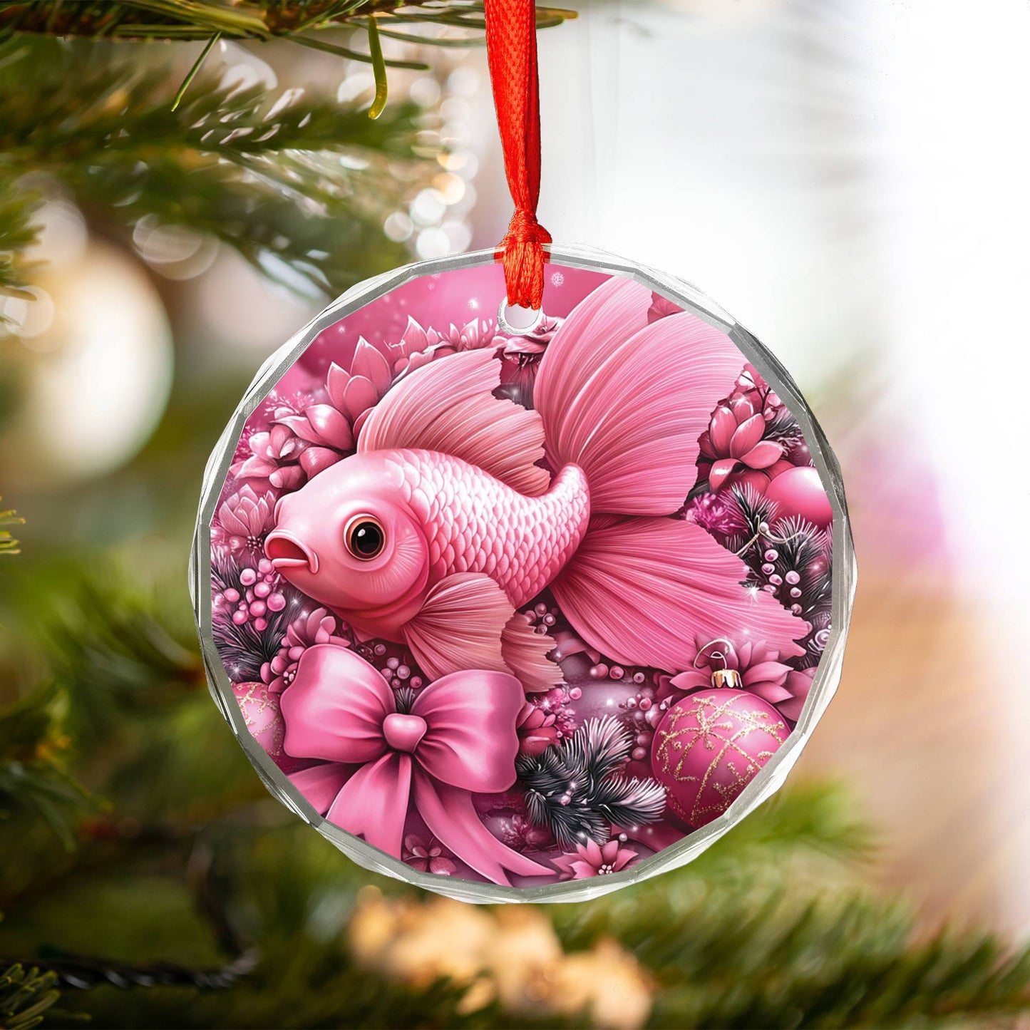 Goldfish Pink Christmas Design 1 Glass Ornament