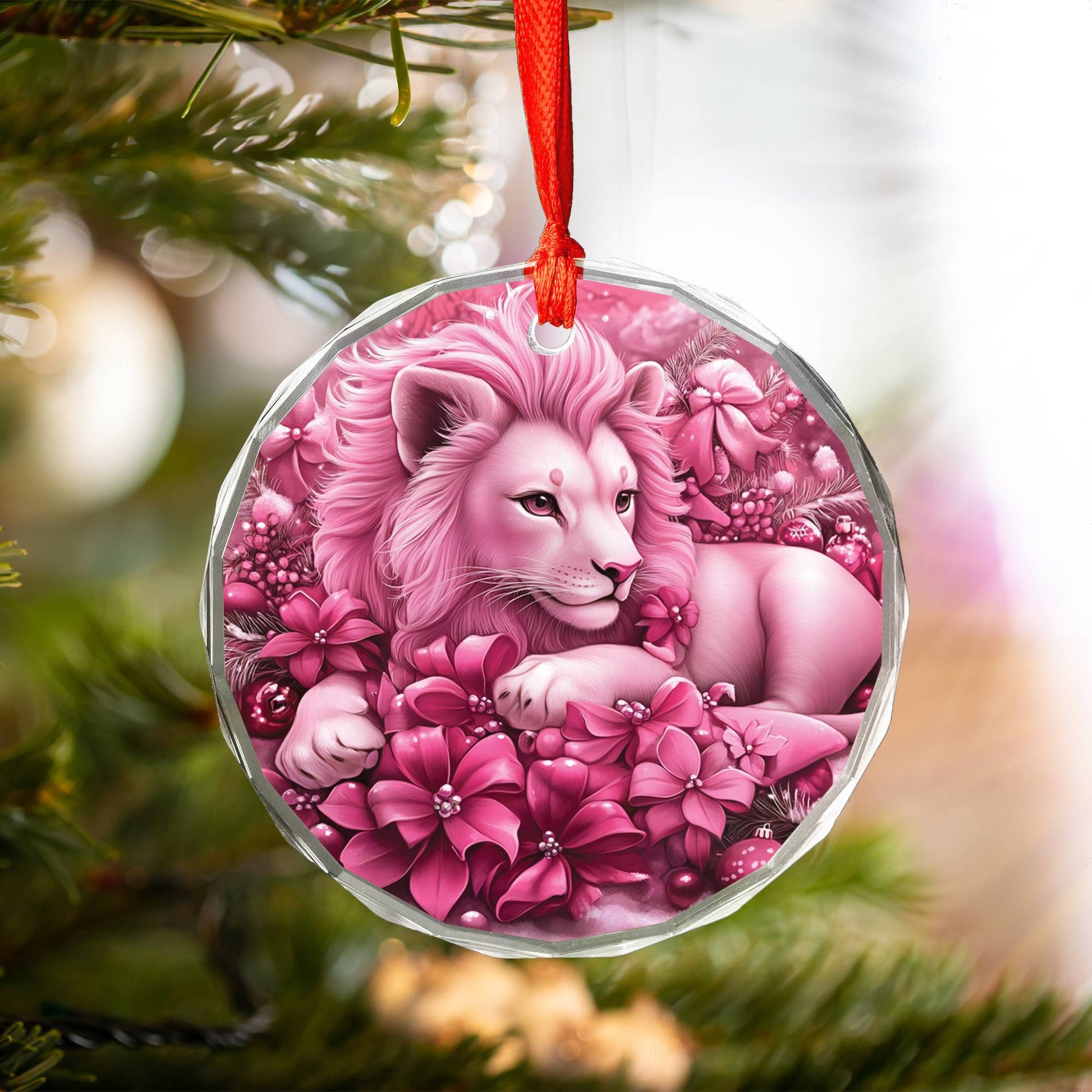 Lion Pink Christmas Design 1 Glass Ornament