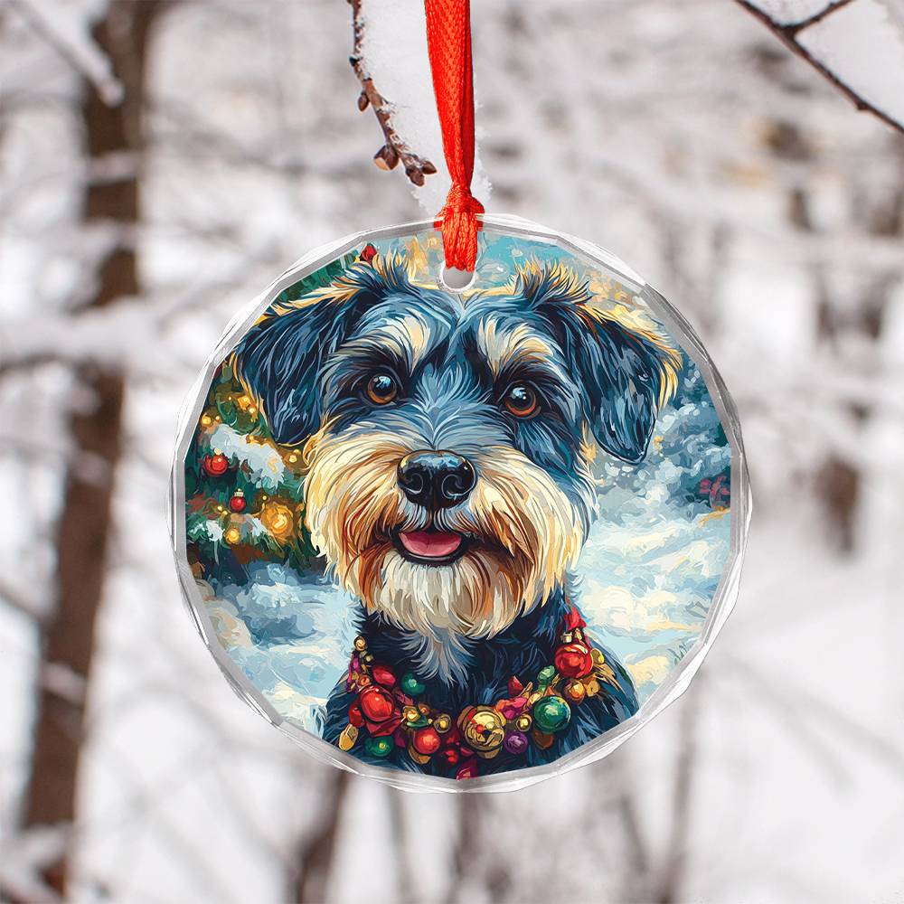 Beautiful Angus Miniature Schnauzer Dog Christmas Night Design 1 Glass Ornament