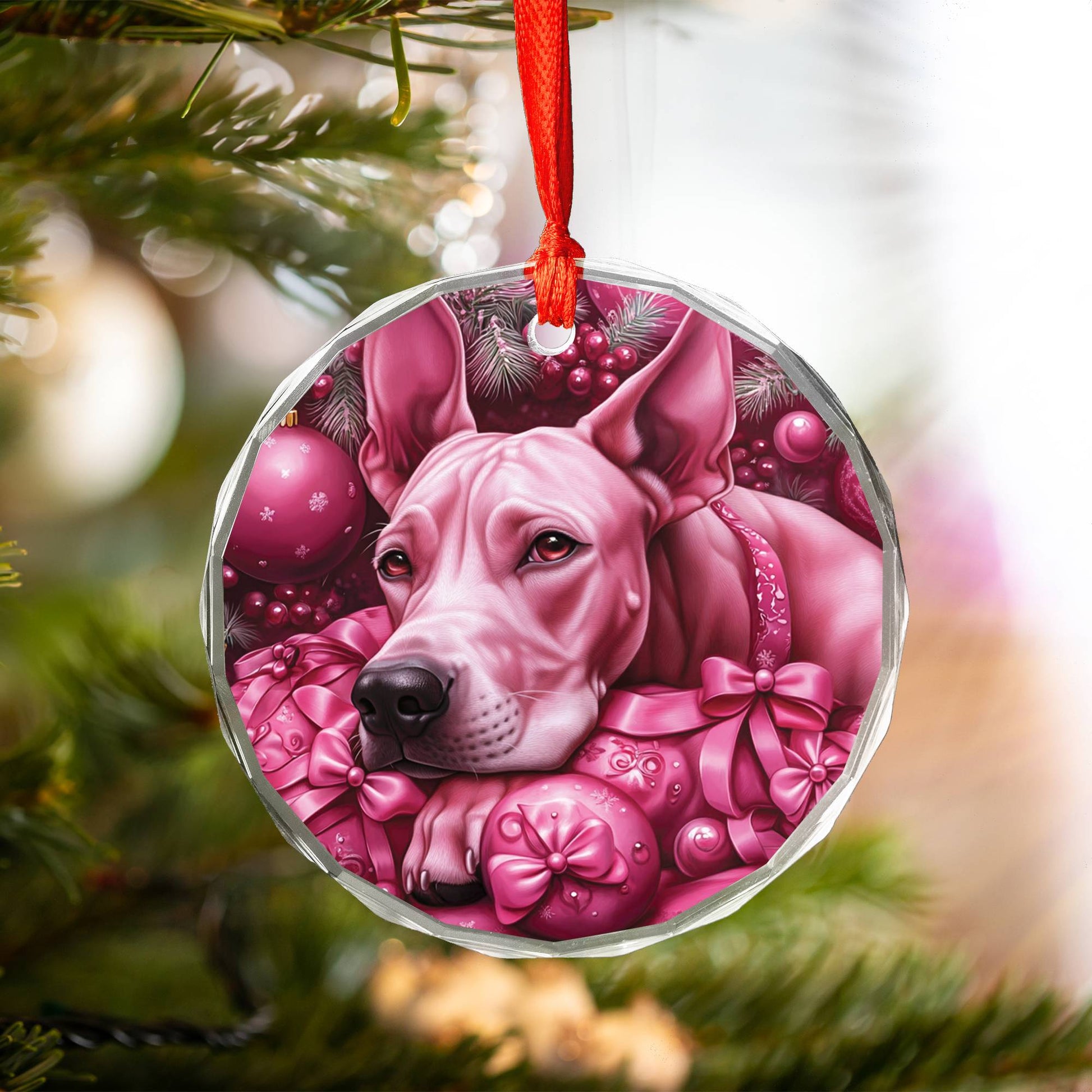 Great Dane Dog Pink Christmas Design 1 Glass Ornament