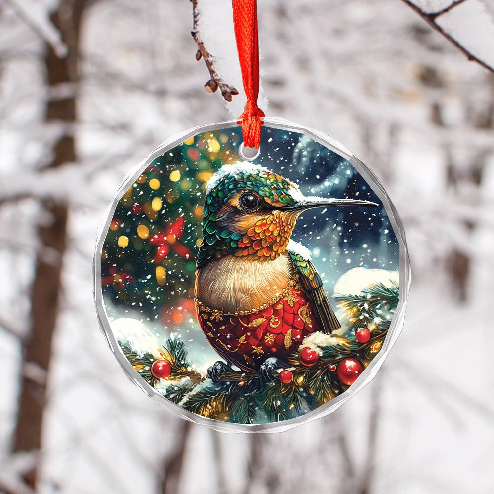 Beautiful Hummingbird Christmas Night Design 3 Glass Ornament