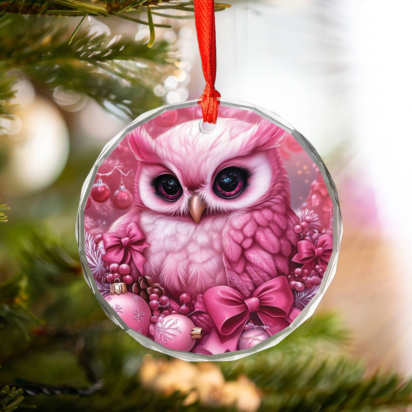 Owl Pink Christmas Design 4 Glass Ornament