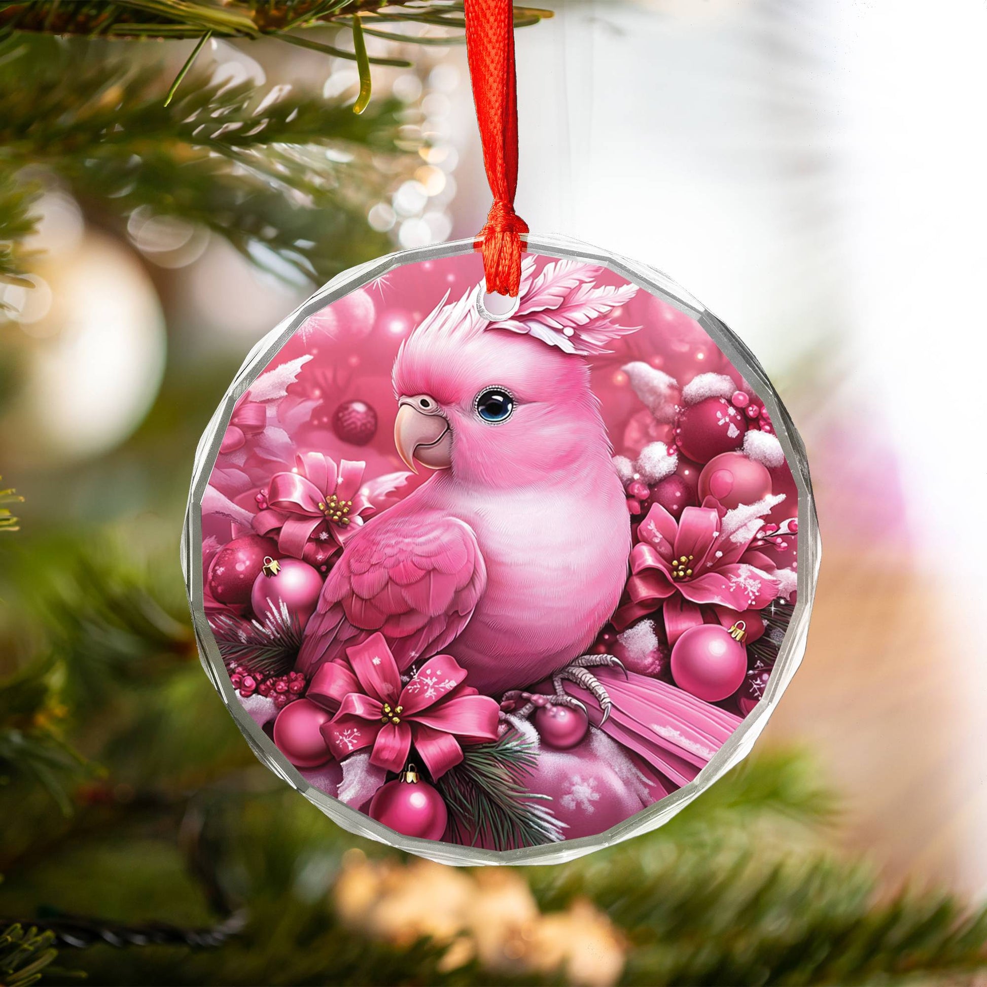 Parrot Pink Christmas Design 1 Glass Ornament