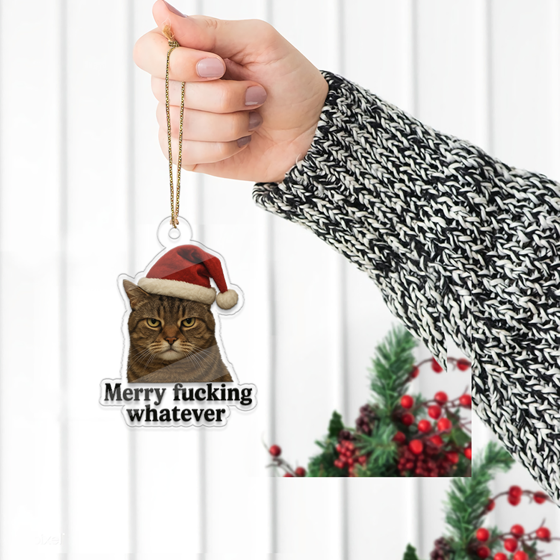 Custom Photo Cat Merry Whatever, Merry Fucking Christmas Keepsake, Funny Gifts for Best Friends, Funny Merry Xmas Ornament