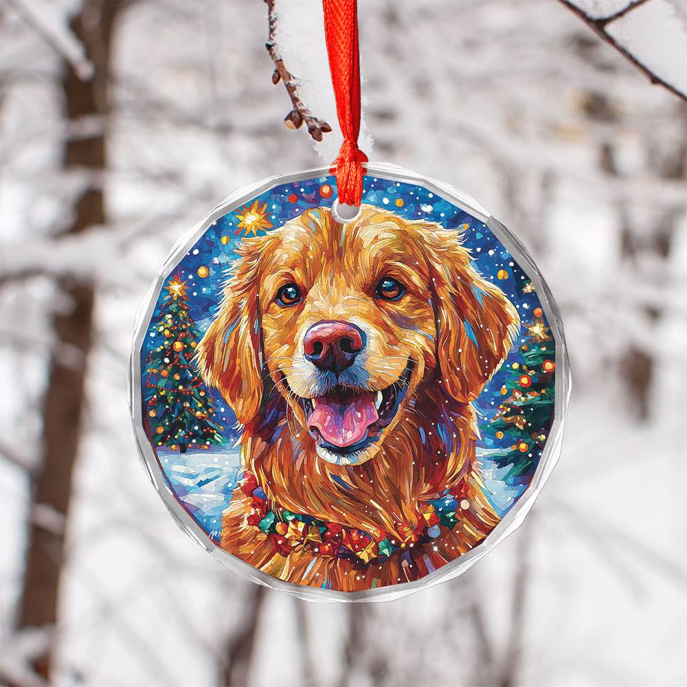 Beautiful Golden Retriever Dog Christmas Night Design 3 Glass Ornament