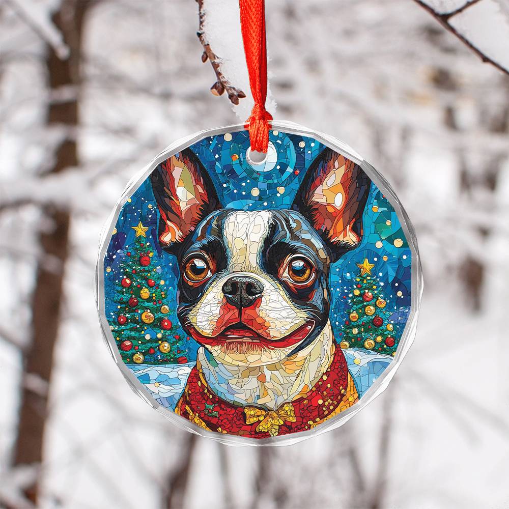 Beautiful Boston Terrier Dog Christmas Night Design 1 Glass Ornament