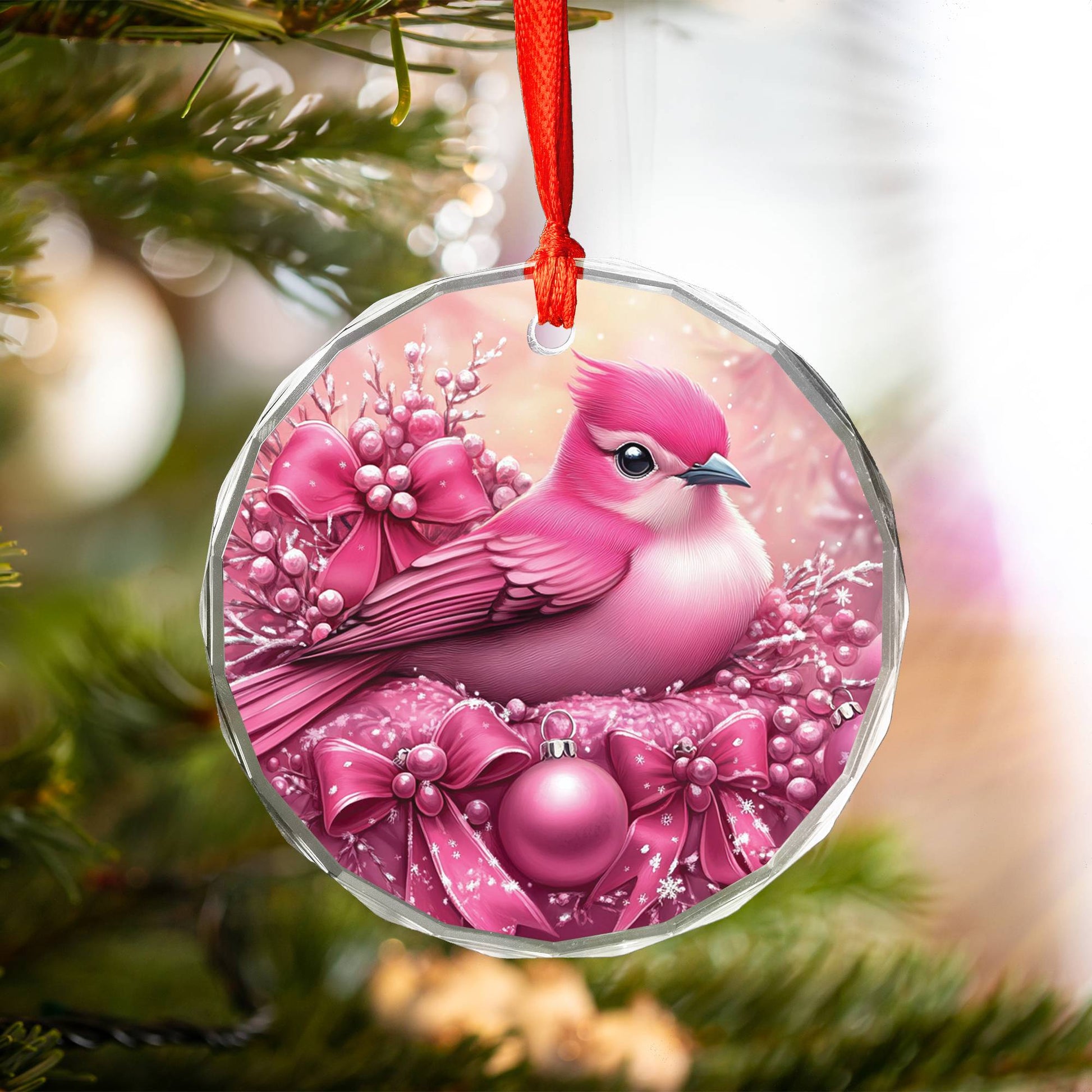 Songbird Pink Christmas Design 3 Glass Ornament