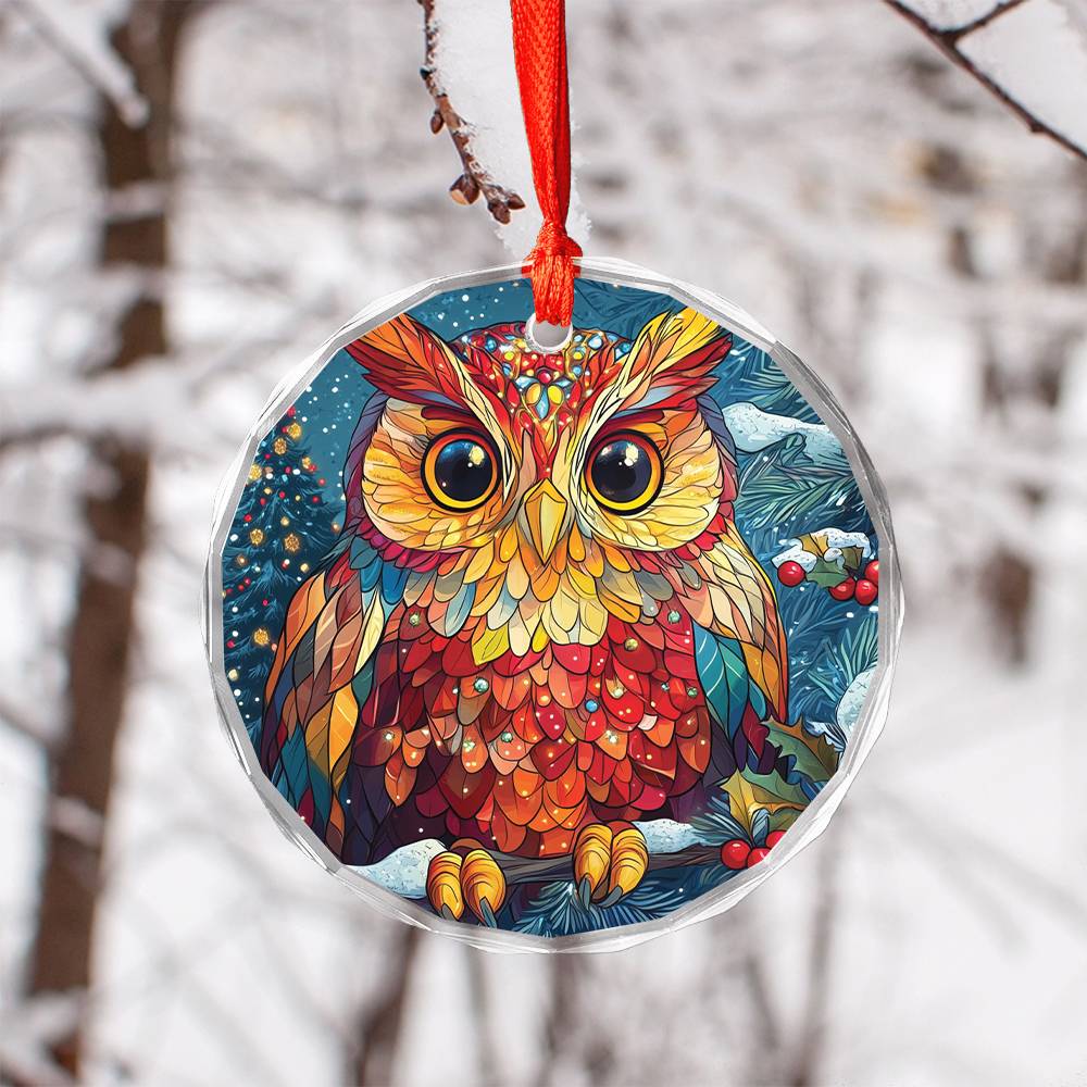 Beautiful Owl Christmas Night Design 2 Glass Ornament