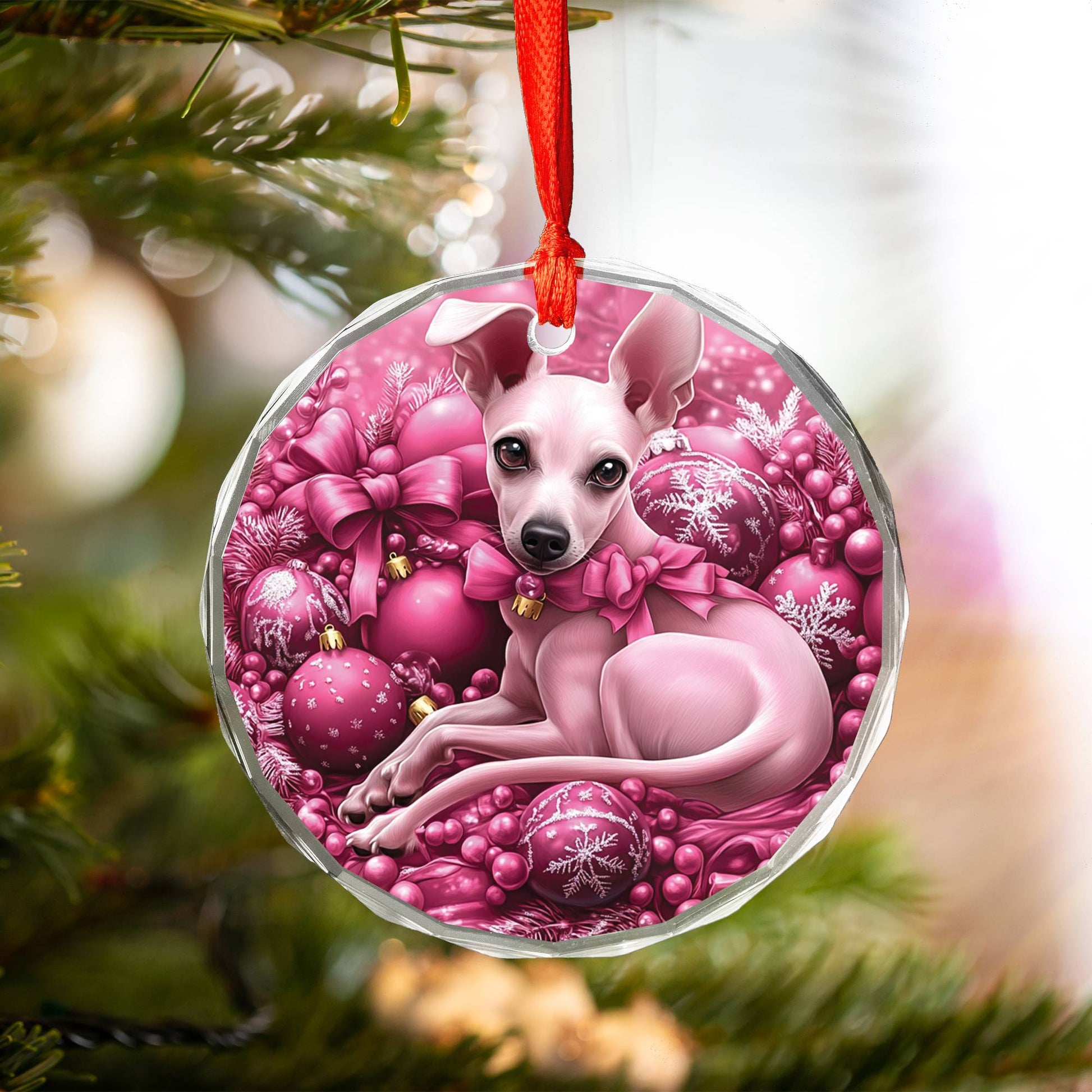 Whippet Dog Pink Christmas Design 1 Glass Ornament