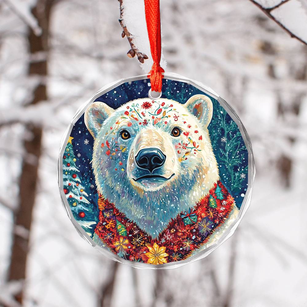 Beautiful Angus Polar Bear Christmas Night Design 1 Glass Ornament