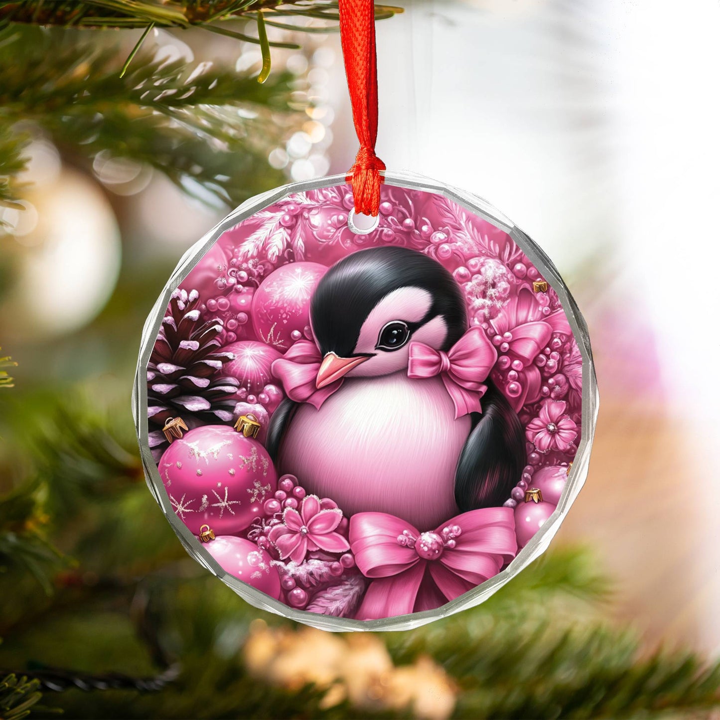 Penguin Pink Christmas Design 2 Glass Ornament