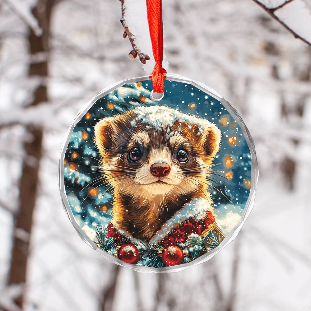 Beautiful Ferret Christmas Night Design 1 Glass Ornament