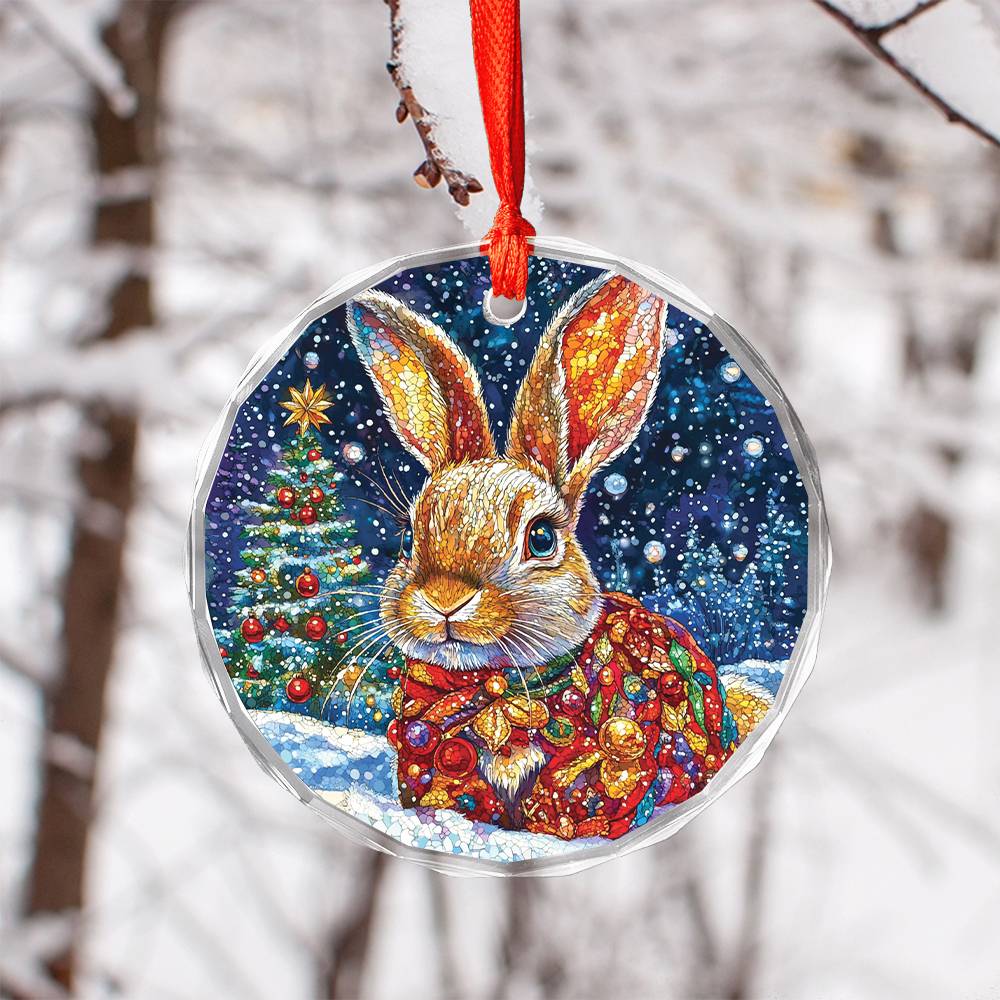 Beautiful Rabbit Christmas Night Design 3 Glass Ornament