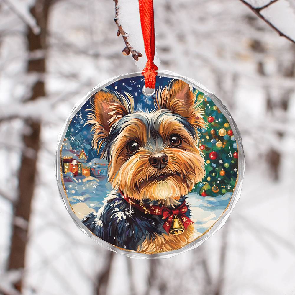 Beautiful Angus Yorkshire Terrier Dog Christmas Night Design 3 Glass Ornament